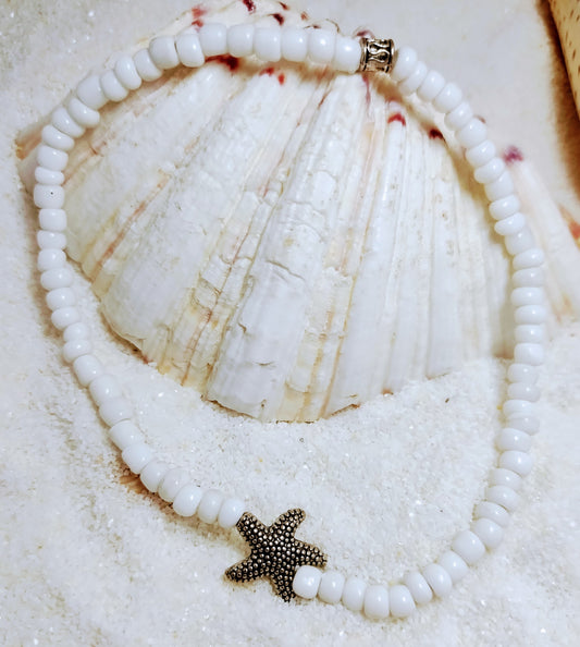 Anklet White Bead Starfish Stretch Anklet 10 inch